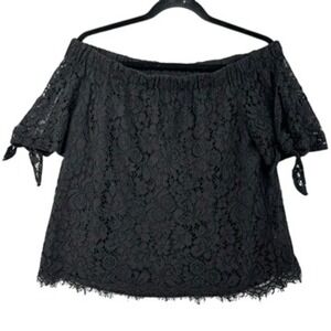 Miami Black Off The Shoulder Floral Lace Tie Sleeve Blouse Top L Romantic Retro